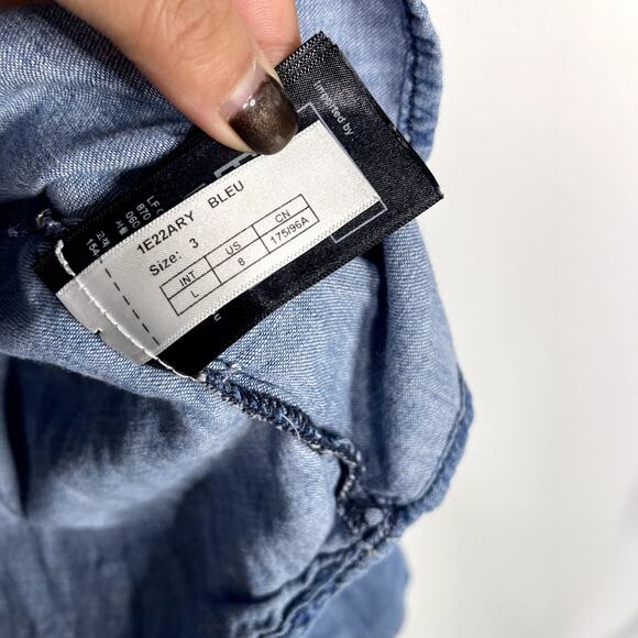 ba&sh Womens Large Blue Pearl Snap Western Denim Shirt Long Sleeve Cotton Linen - Picture 9 of 10